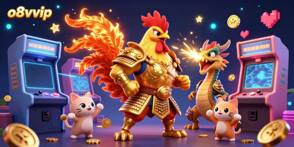 Engage with 'o8vvip' as a fierce rooster warrior and dragon celebrate a vibrant casino atmosphere.