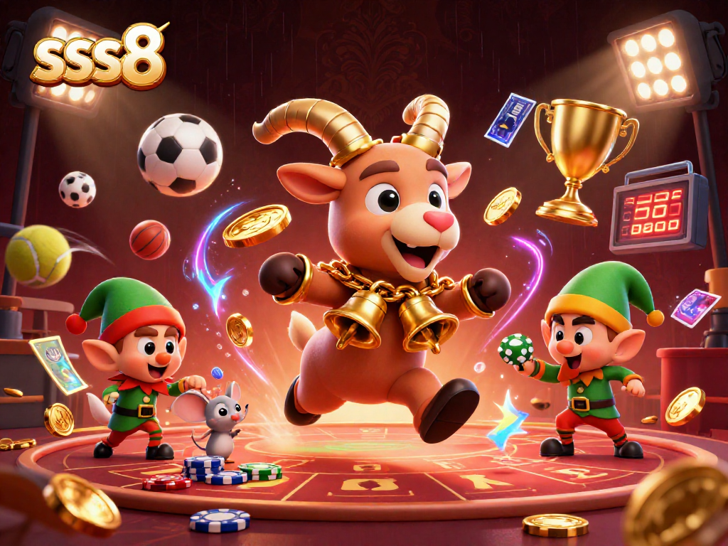 Join the thrilling action at sss8's online casino with festive characters amidst a vibrant sports betting scene.