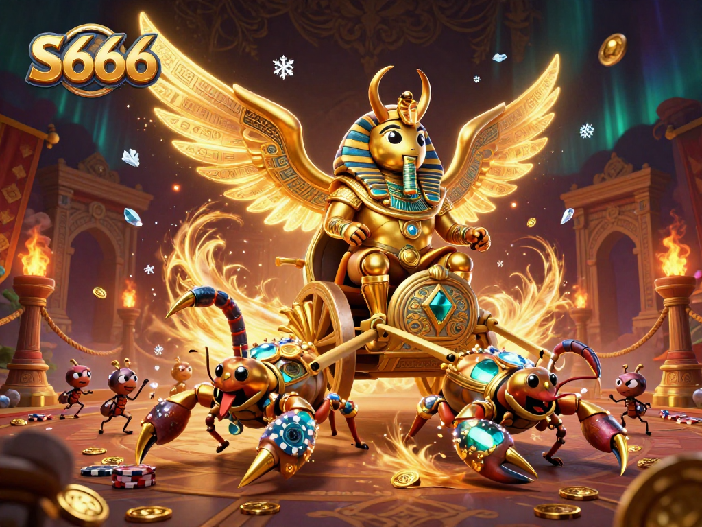 S666 players engage with golden beetle guardians and vibrant casino elements in a thrilling gaming scene.