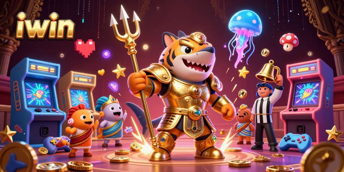 Engage with iwin's thrilling 3D casino adventure featuring a shark gladiator and arcade gaming elements.