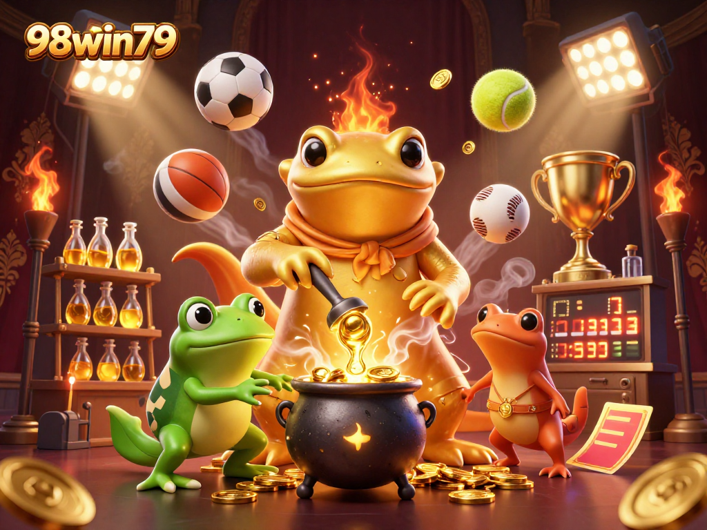 Engage in thrilling gaming action with the 98win79 alchemist transmuting gold in a dynamic casino scene.