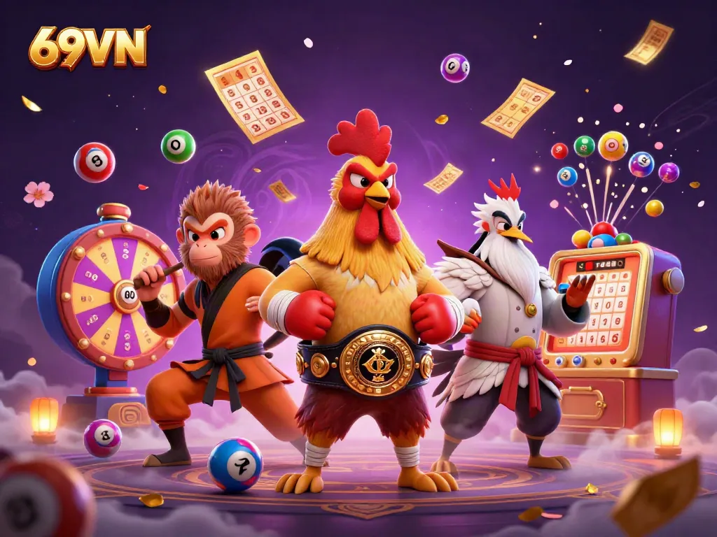 Experience thrilling wins at 69VN with a vibrant array of colorful lottery elements and dynamic casino characters.