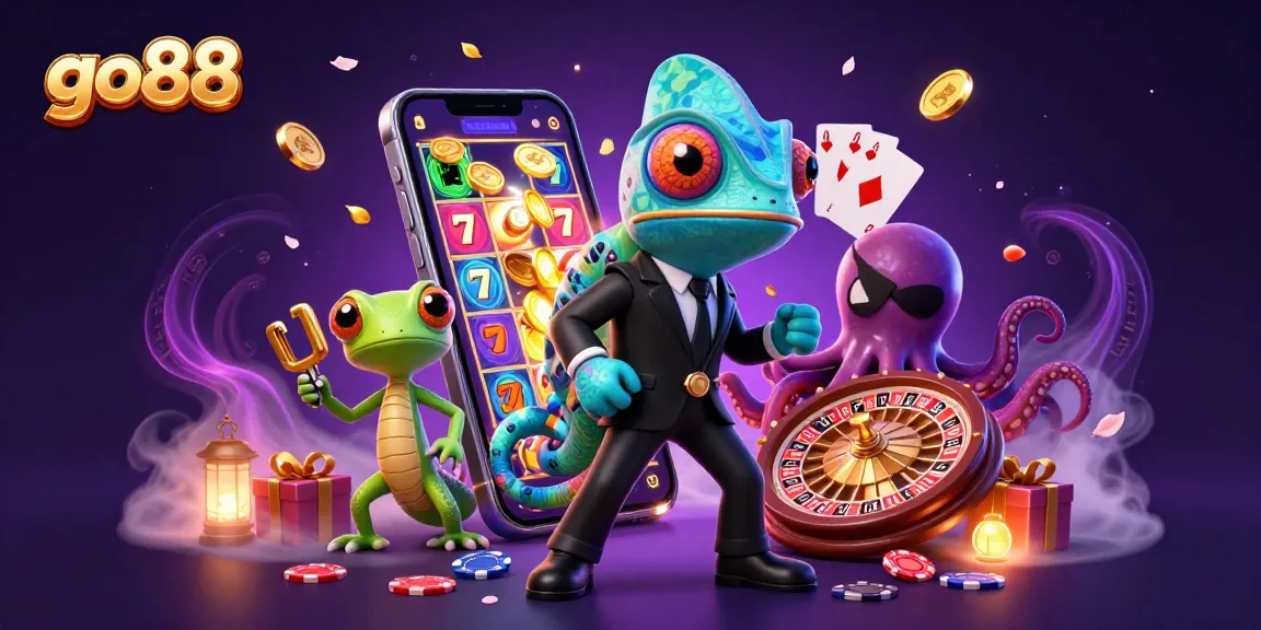 Experience thrilling gameplay action with go88 featuring a chameleon, gecko, and octopus in a vibrant casino scene.