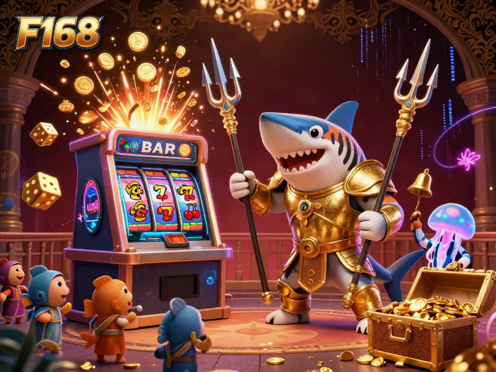 Engage with F168's thrilling underwater casino featuring a tiger shark in gladiator armor, lively game elements and vibrant treasures.