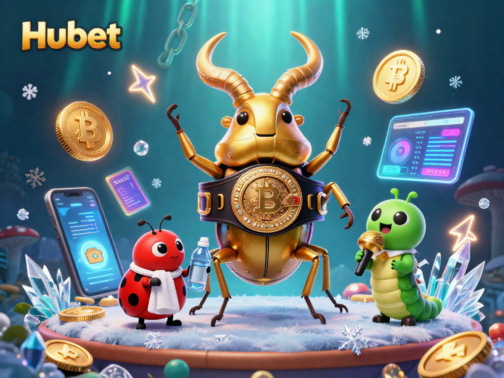 Engaging Hubet gaming scene with cartoon beetle champion, glowing gold elements, and crypto coins.