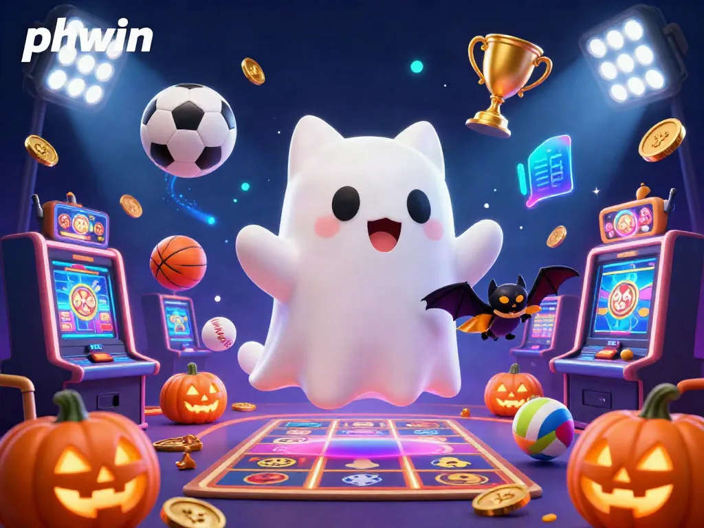 Experience the excitement of phwin with a floating ghost cat in a lively casino scene filled with games and energy.