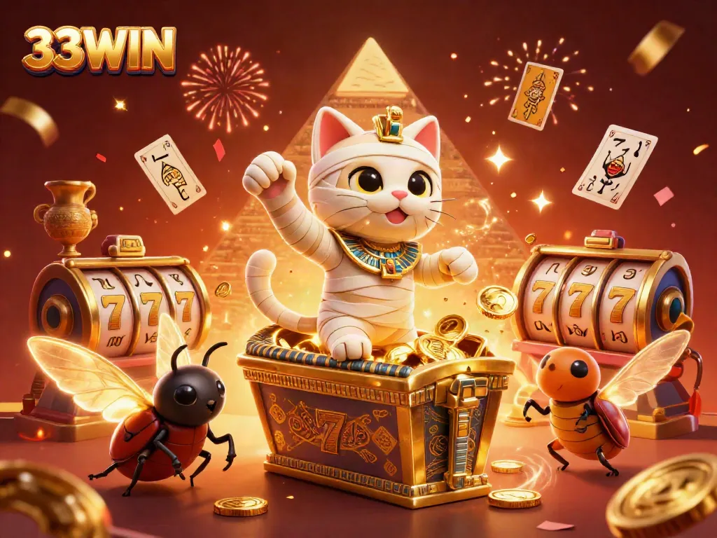 33WIN thể hiện các trò chơi hấp dẫn với hình ảnh mèo ướp xác và các biểu tượng vận may trong sòng bạc