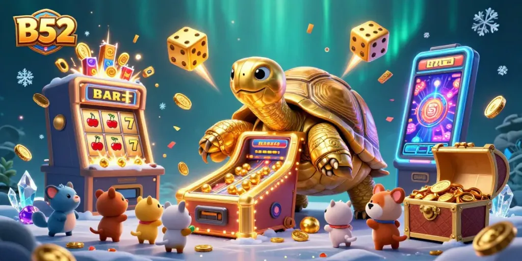 B52 jackpot excitement with golden tortoise pinball machine and slot elements in a dynamic casino scene
