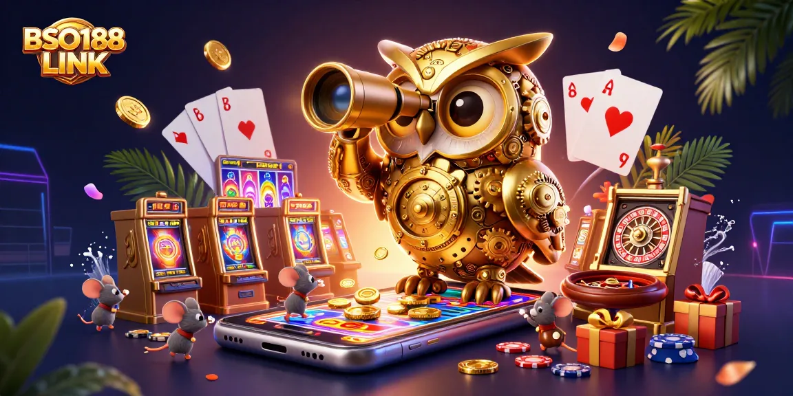 Experience the thrill of BSO188 LINK with a vibrant casino scene featuring a golden owl and exciting games.