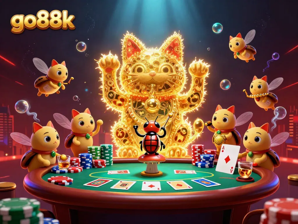 Engage with go88k's lively gaming features amidst vibrant casino elements and a whimsical fox.