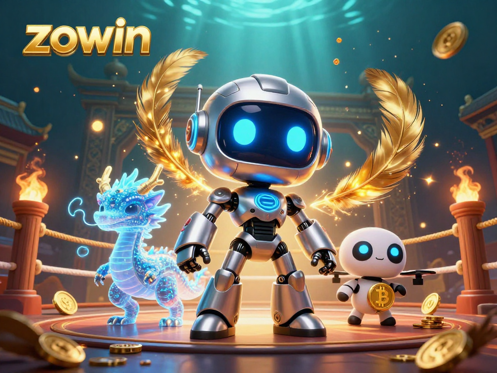 Engage with the zowin cyberpunk robot and holographic dragon amidst a colorful casino arena.