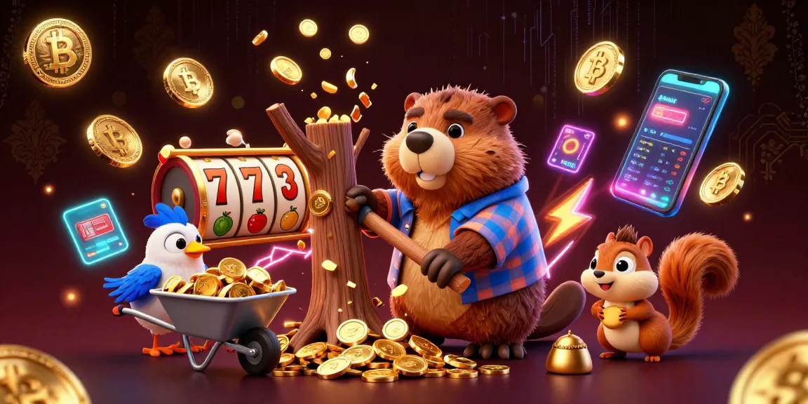 Experience sunwin's vibrant casino world with a cartoon beaver, gold coins, and crypto elements.