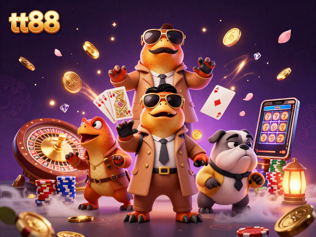 Experience fun at tt88 with playful raptors in a trench coat entering a VIP casino lounge surrounded by vibrant game elements.