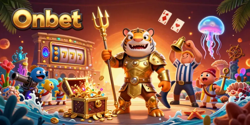 Experience excitement at Onbet with a thrilling underwater casino adventure featuring a tiger shark gladiator.