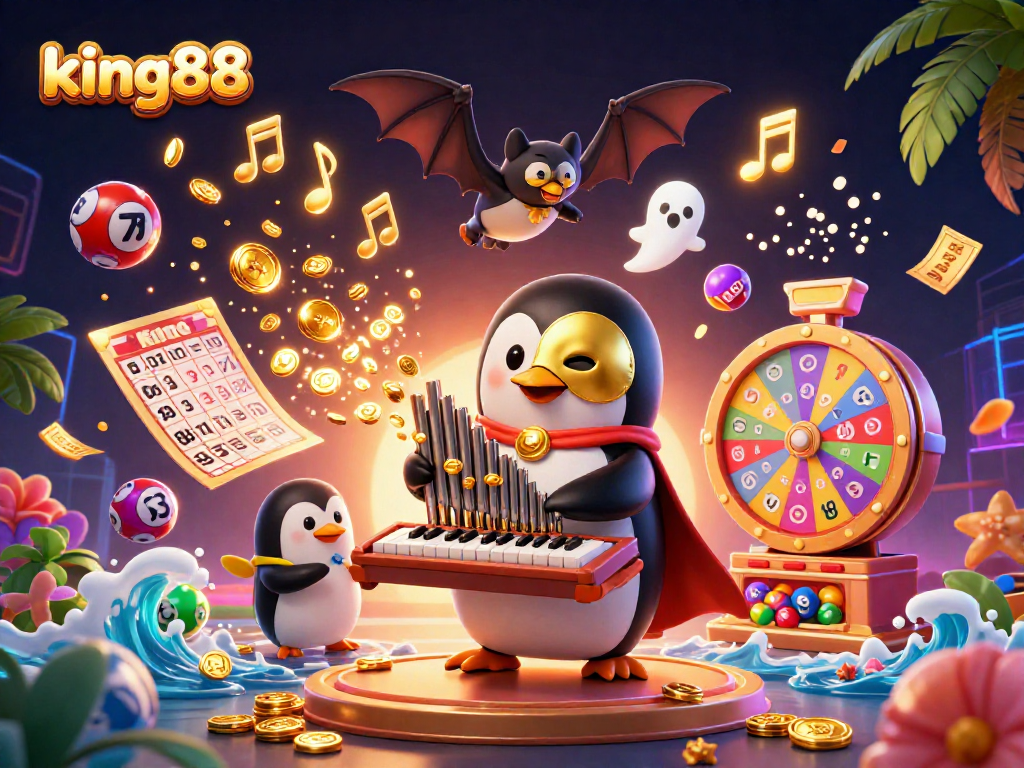 Experience king88's thrilling gaming with a cartoon penguin and vibrant lottery elements.