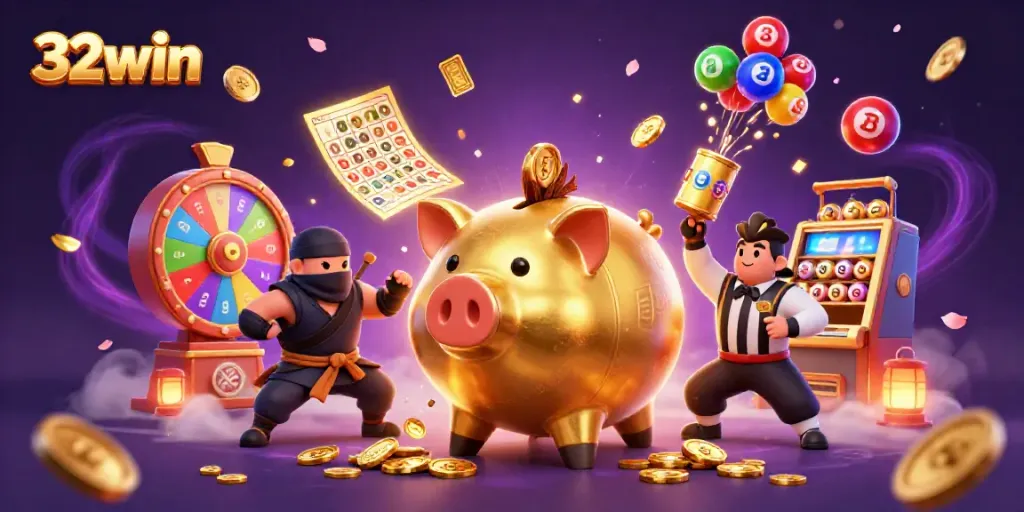 Engage with the vibrant 32win-themed 3D casino illustration featuring dynamic characters and colorful game elements.