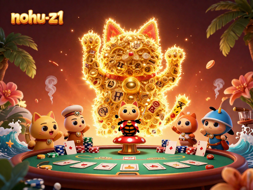 Nohu-z1 showcases a colorful lucky cat formed by golden fireflies amidst vibrant poker elements.