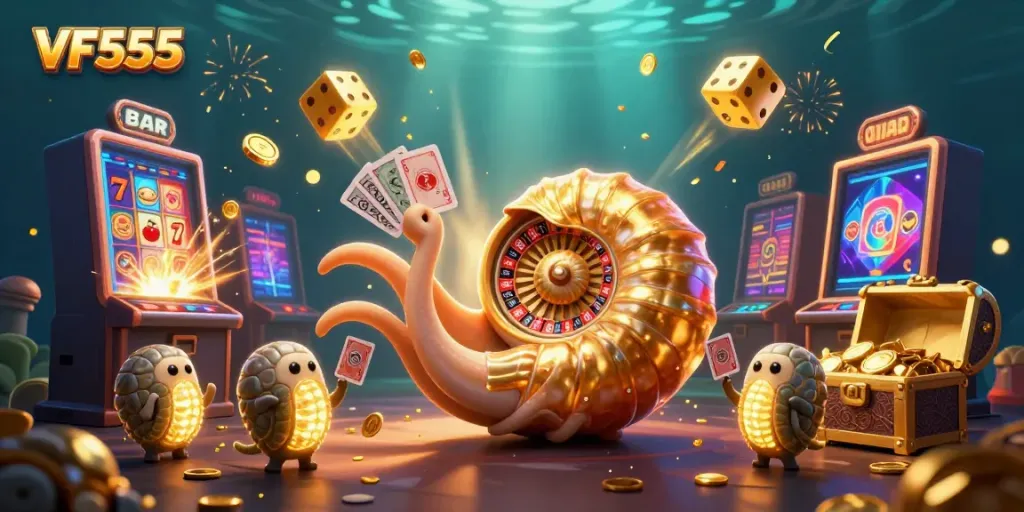 Engage in the thrilling world of VF555, featuring an ancient nautilus roulette wheel displaying dynamic casino action.