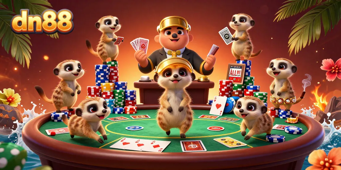 Experience thrilling gaming action at dn88 casino with meerkats managing games and chips.