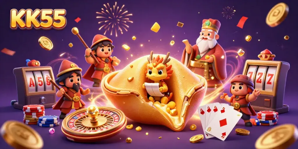 Experience thrilling wins at KK55 with a dynamic casino scene featuring gold coins and vibrant games.