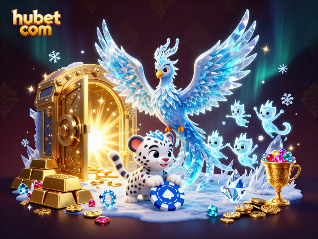 Engage with hubet com for stunning ice-themed casino fun featuring a phoenix and poker chip.