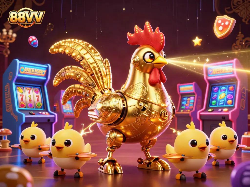 Engage in thrilling casino adventures with 88VV, featuring a golden rooster robot and exciting game elements.