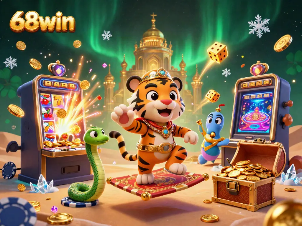 Experience the thrill of 68win as a tiger sultan rides on a magic carpet among dazzling casino elements.