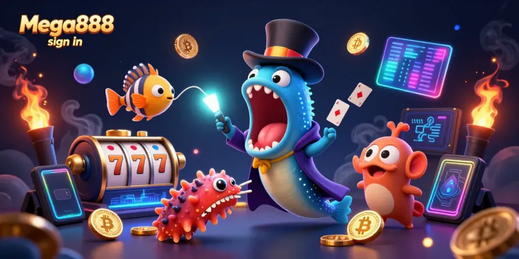 Mega888 sign in illustration featuring an eel magician, anglerfish spotlight, and vibrant casino elements.