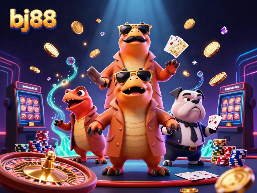 Join the adventure at bj88 with cartoon raptors sneaking into a casino VIP lounge, in a vibrant digital world.