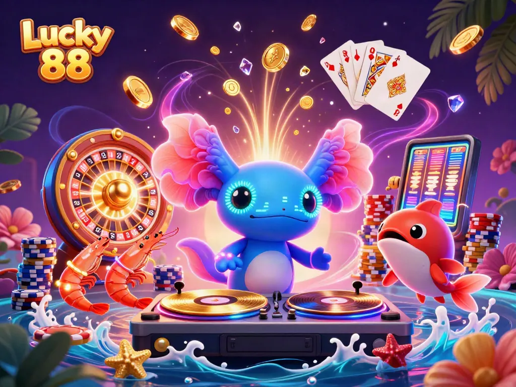 Spin and win with Lucky 88 in a vibrant casino scene filled with colorful characters and gaming elements.