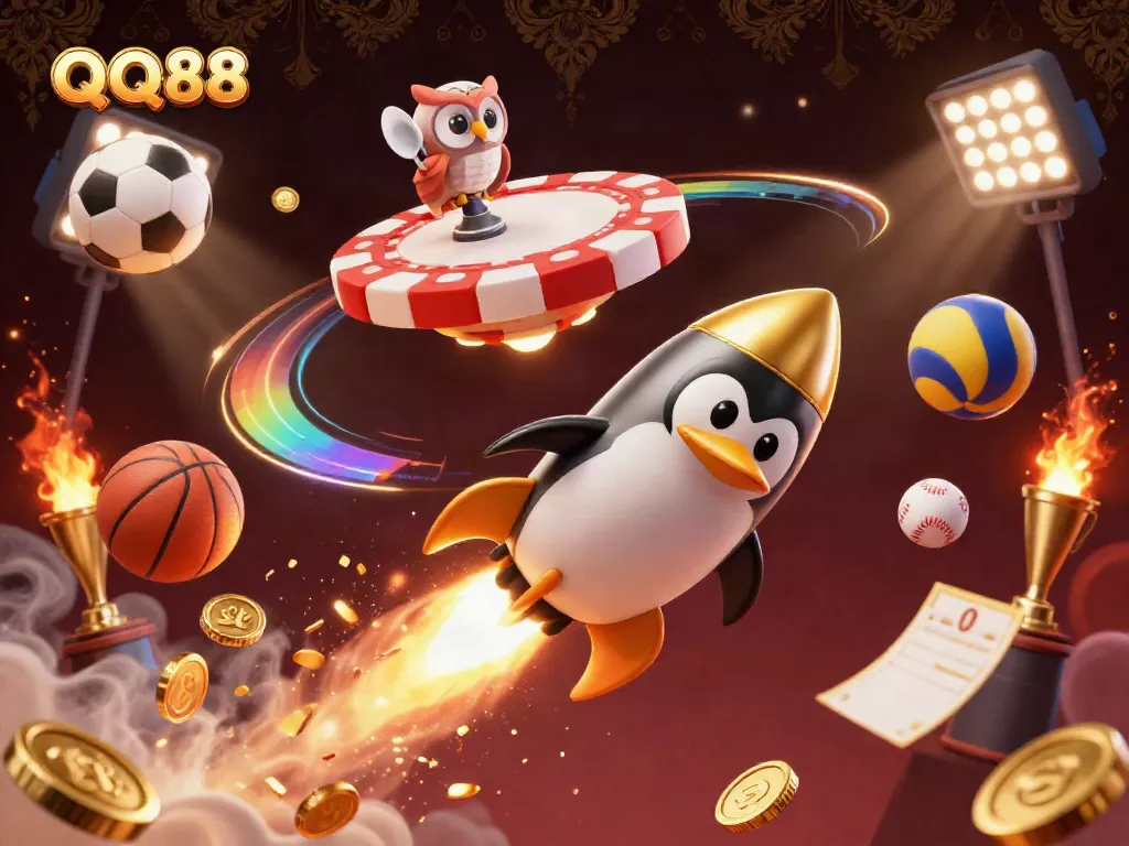 Experience the excitement of QQ88 gaming with a golden penguin and dynamic sports elements in a vibrant casino scene.