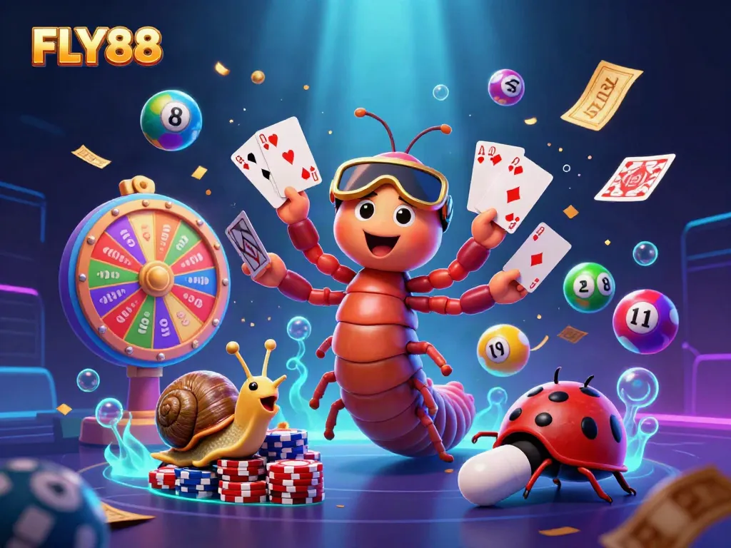 FLY88 showcases a dynamic casino scene with a cartoon millipede dealer and exciting game elements.