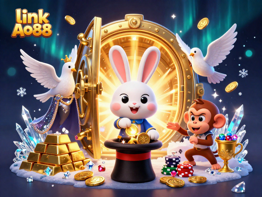 Experience the magical world of gaming with link Ao88, featuring a lively scene of a magician rabbit and playful elements.