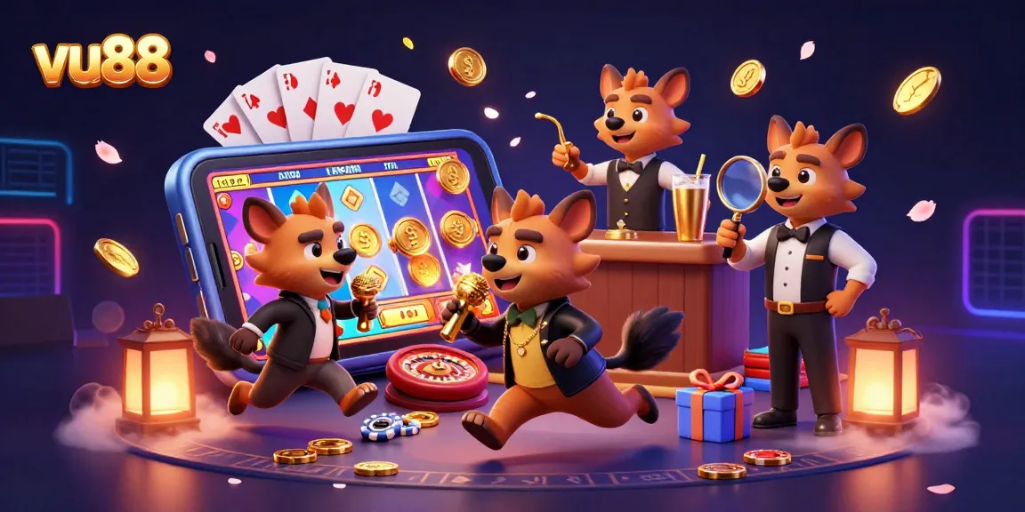 Enjoy the lively comedy casino atmosphere at vu88 with hyenas mixing drinks and telling jokes.