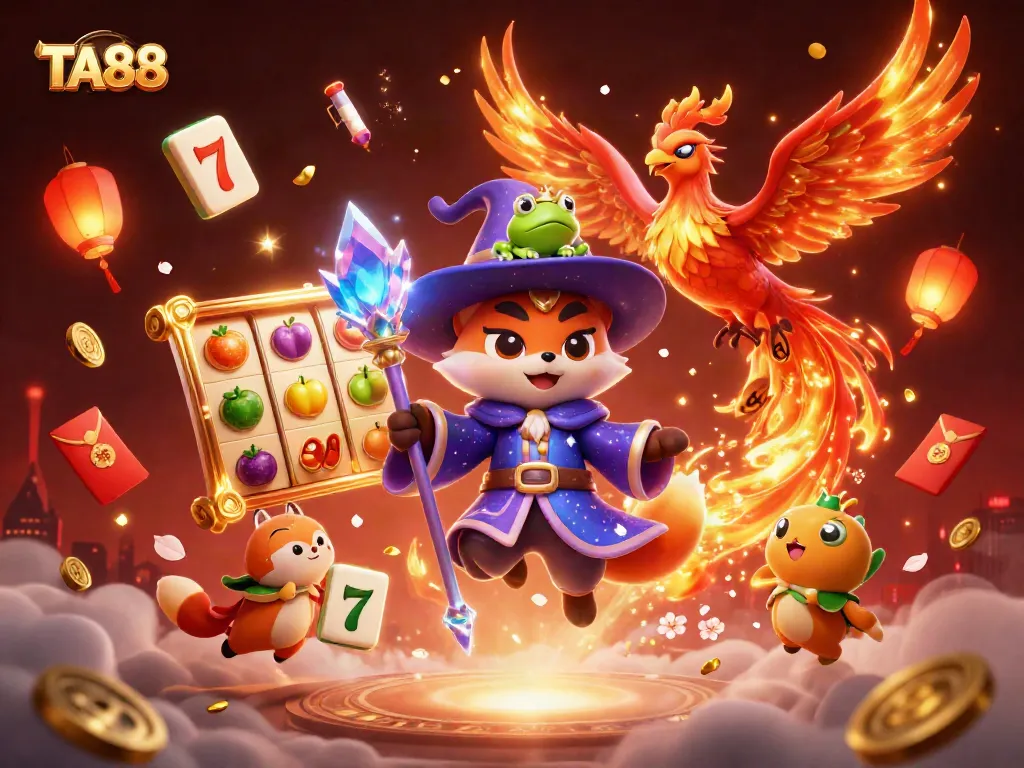 Experience thrilling gameplay at TA88 with a dynamic scene of a wizard fox and phoenix surrounded by exciting slot game elements.