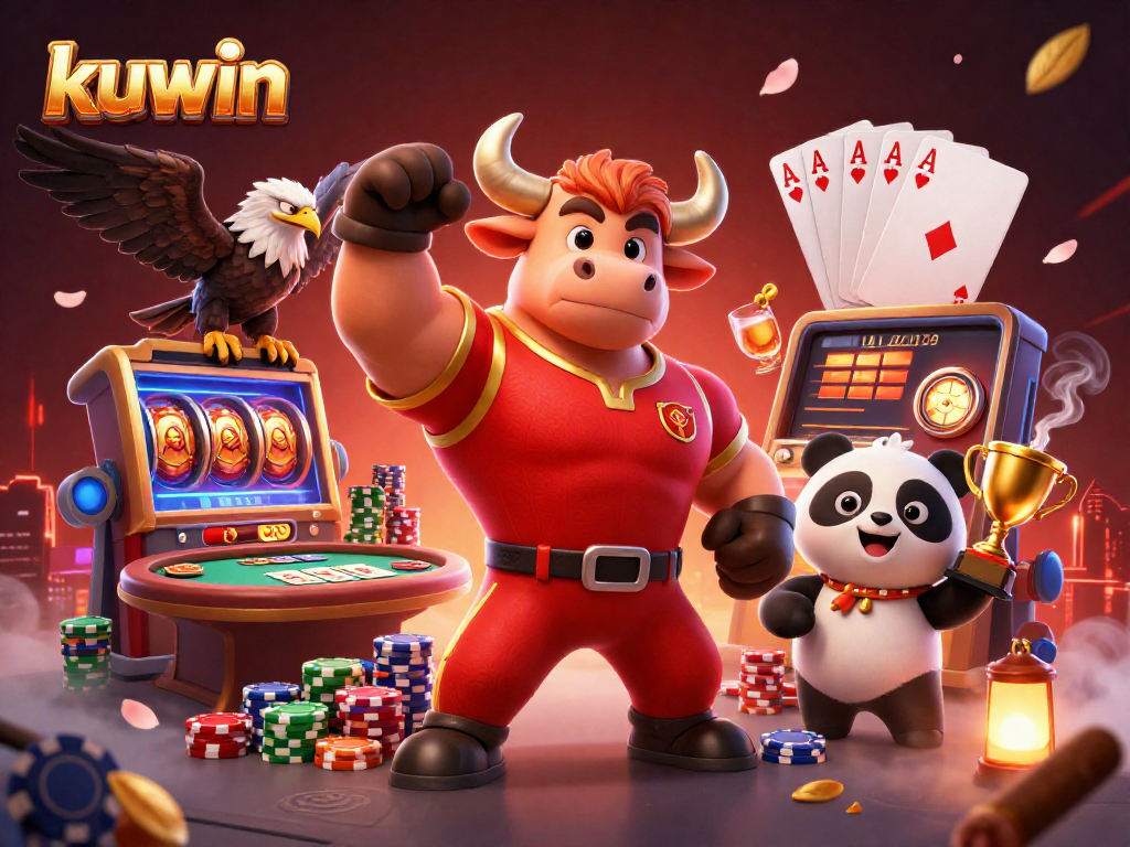 kuwin presents a dynamic scene featuring a muscular bull mascot, eagle, and panda among vibrant casino elements