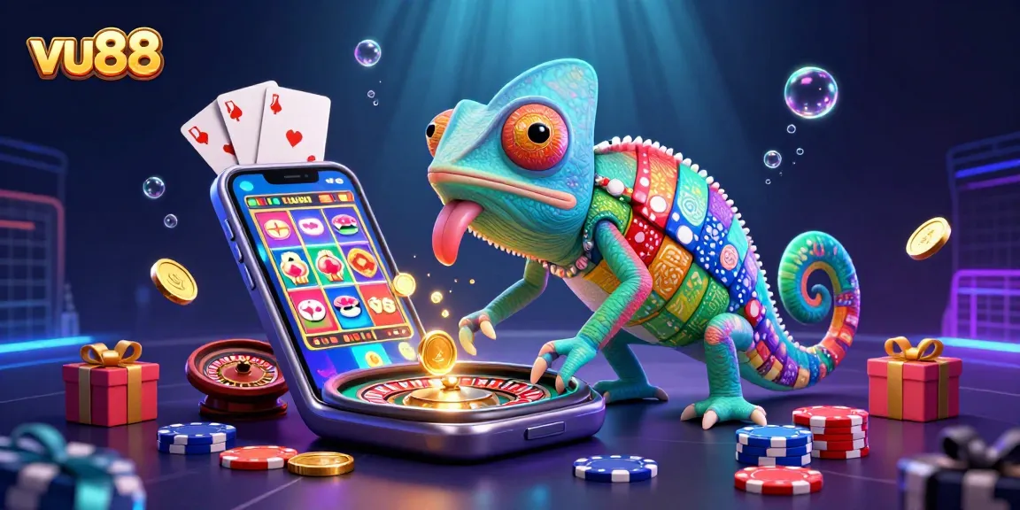Experience thrilling gaming at vu88 with a vibrant chameleon casino owner amid coins and slot action.