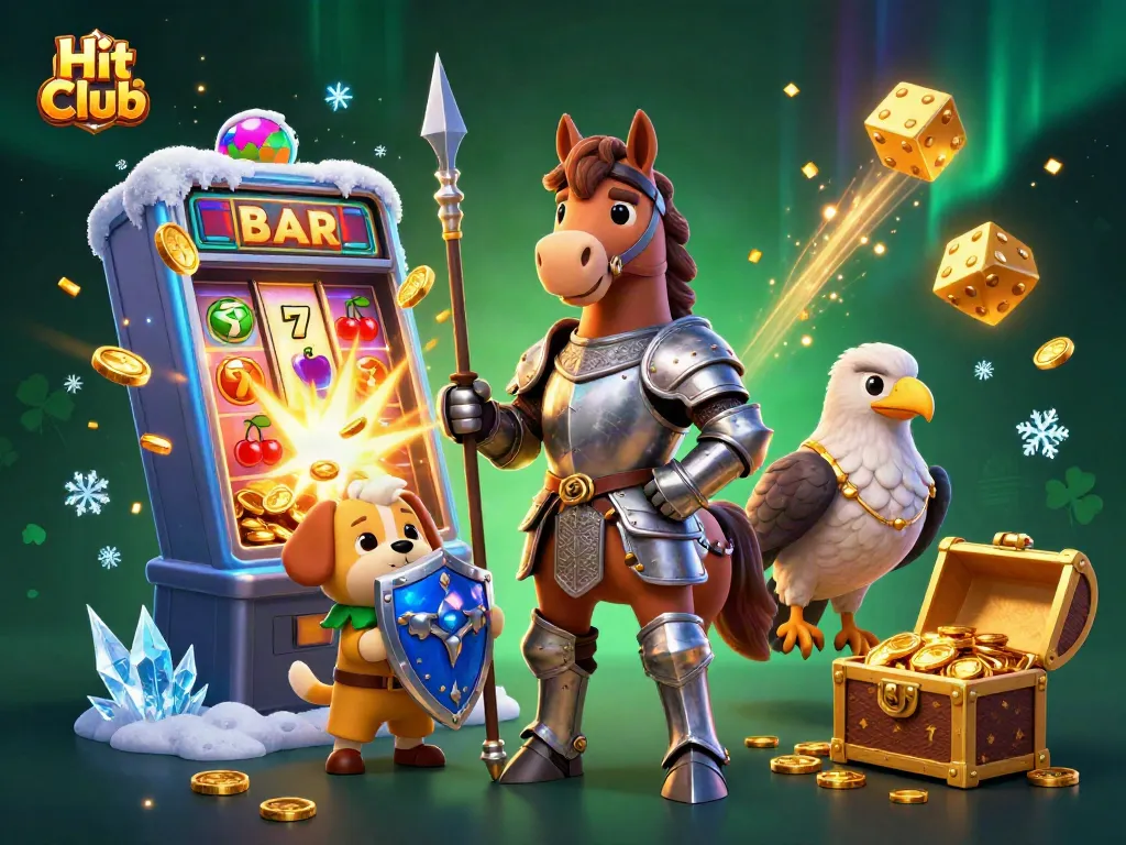 Hit Club spins for big rewards with a cartoon knight, dog, and falcon amid slot machines.