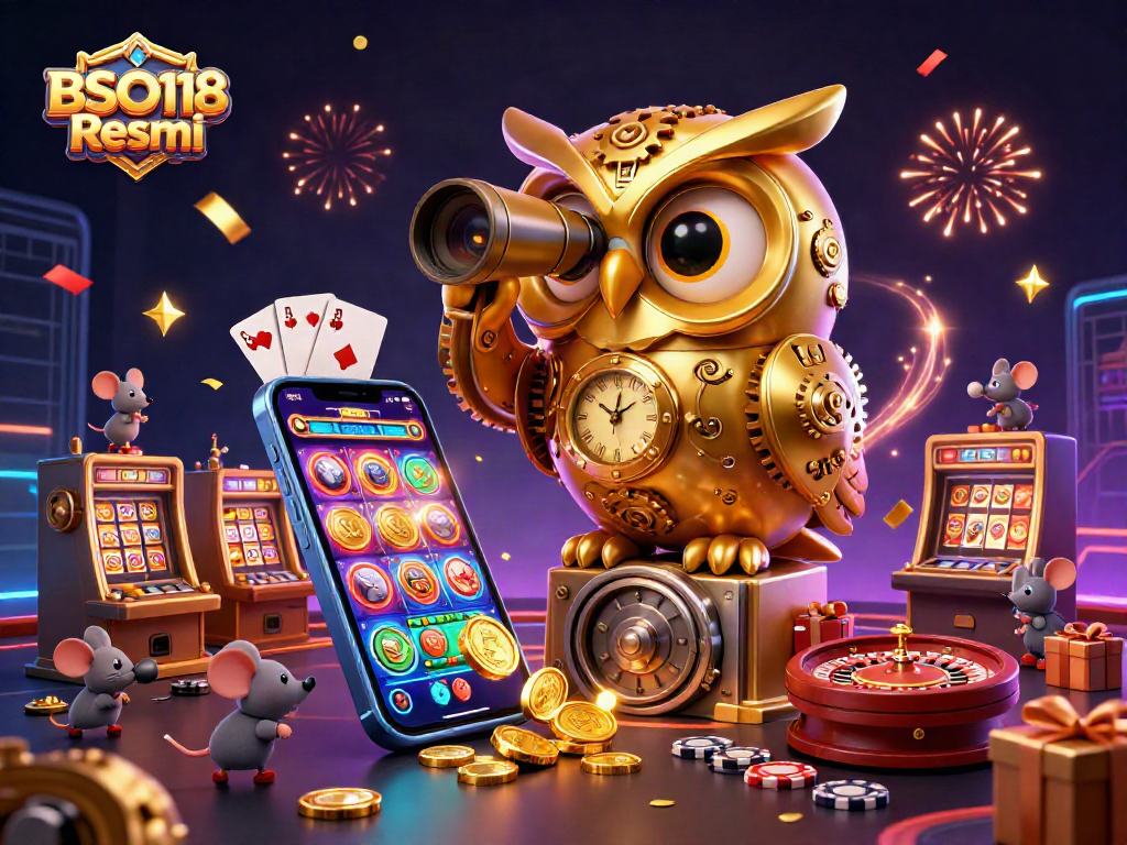 Experience the excitement of BSO118 Resmi with a vibrant casino scene featuring a golden owl, slots, and festive elements.