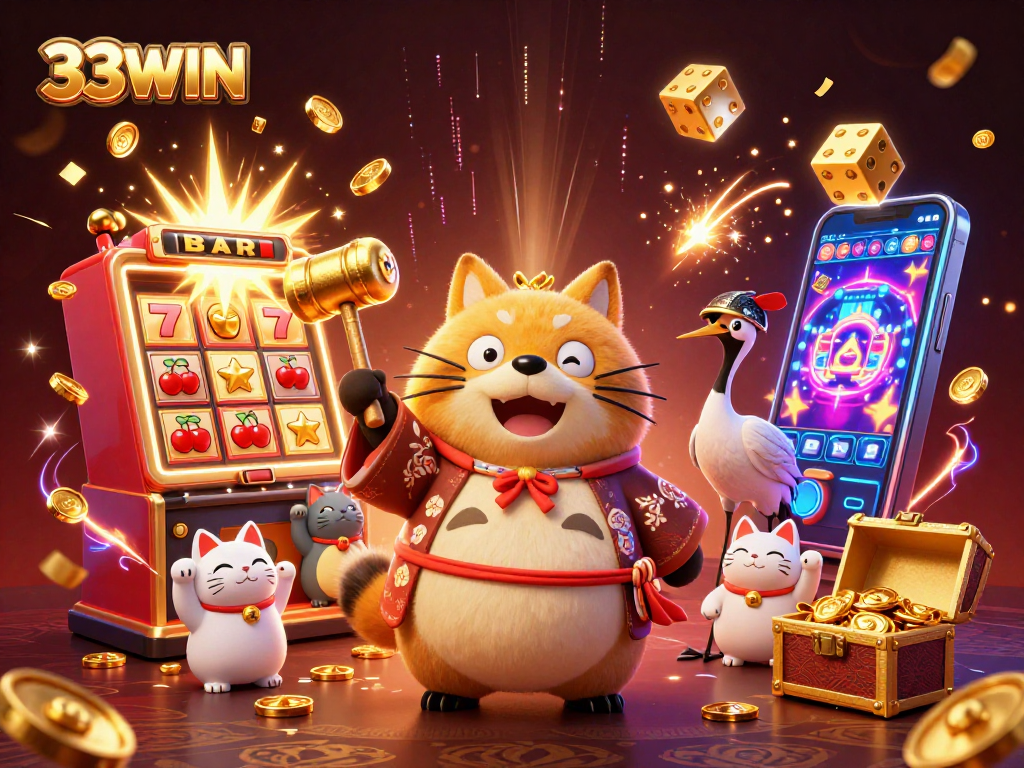 Engage with 33WIN's vibrant casino world showcasing a cheerful tanuki and lucky symbols.