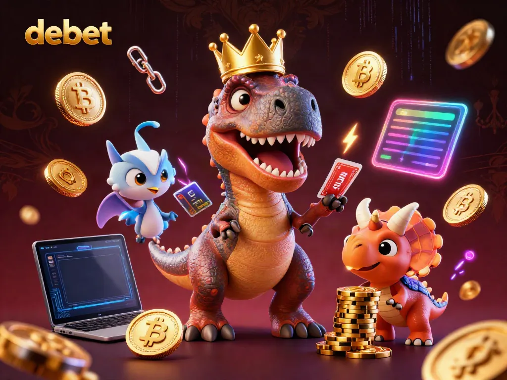 Experience the thrill of debet with a cartoon T-Rex and friends in a vibrant casino scene, showcasing crypto elements.