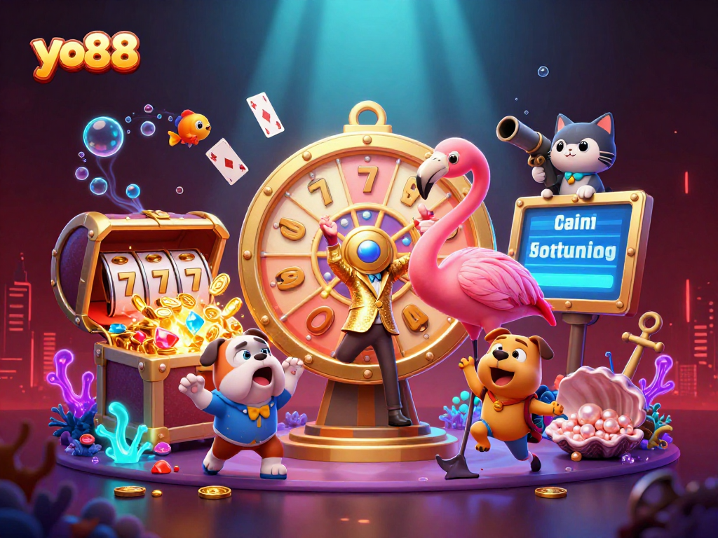 Spin the yo88 prize wheel with excitement in this vibrant casino illustration featuring fun characters.