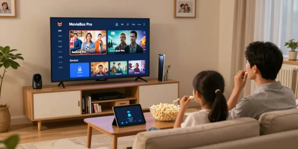 Family enjoying a movie on MovieBox Pro app in their cozy living room at https://mymovieboxproapp.com/.