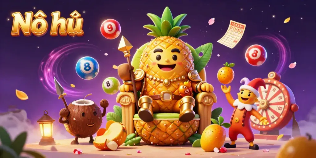 Nổ hũ gaming scene featuring a golden pineapple king, vibrant lottery elements, and dynamic gameplay excitement.