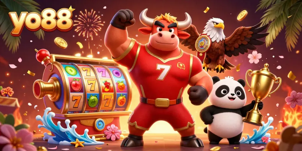 Engage with yo88's thrilling casino adventure featuring vibrant slot reels and energetic characters.