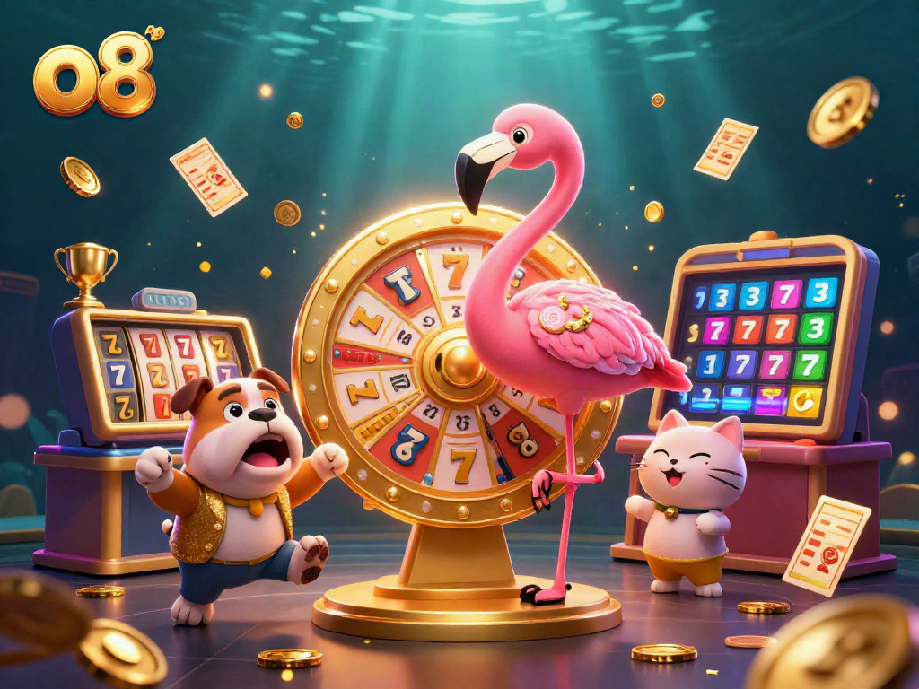Spin the prize wheel and win with o8 in a vivid casino scene filled with excitement.