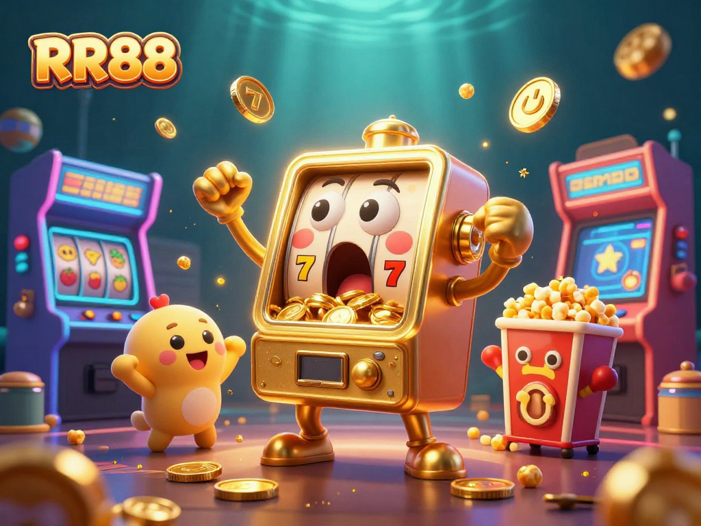 Experience the thrill of RR88 as golden slot machines celebrate a jackpot amidst vibrant gaming elements.