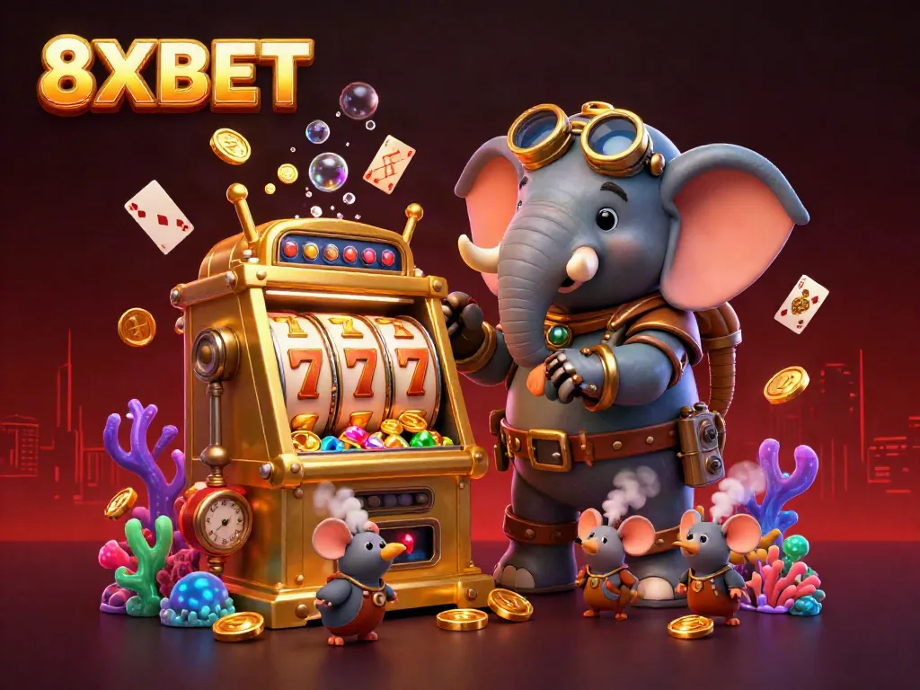 Engage with the vibrant 8XBET slot machine experience in this dynamic 3D illustration.