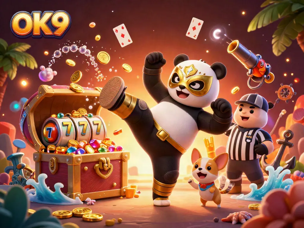 Experience thrilling gameplay with OK9 in an exciting casino scene featuring vibrant characters and dynamic elements.