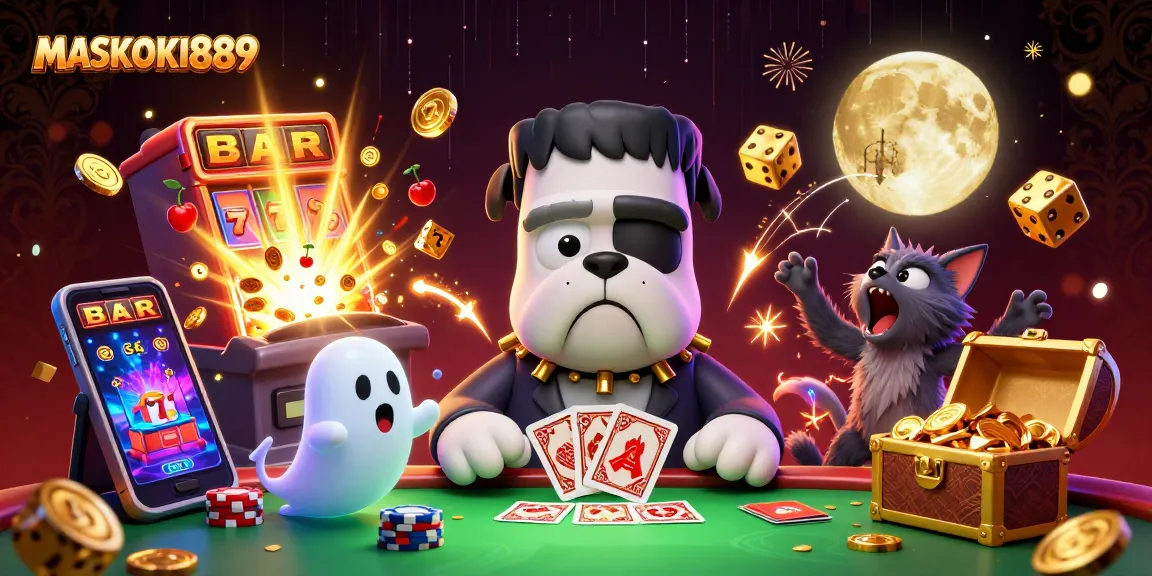 Play dynamic games at MASKOKI889, where a cartoon Frankenstein bulldog deals cards surrounded by festive casino elements.